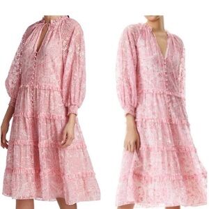 Alice + Olivia Pink Lace Tiered Midi Dress